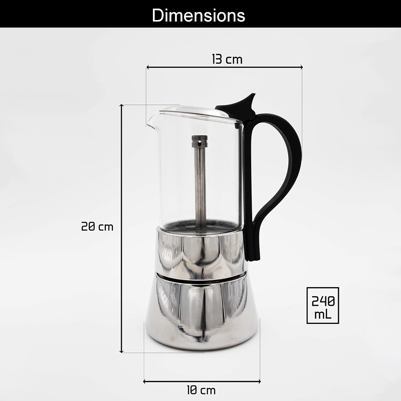 Custom 304 Stainless Steel Induction Borosilicate glass Coffee Maker Mocha Percolator Moka Pot