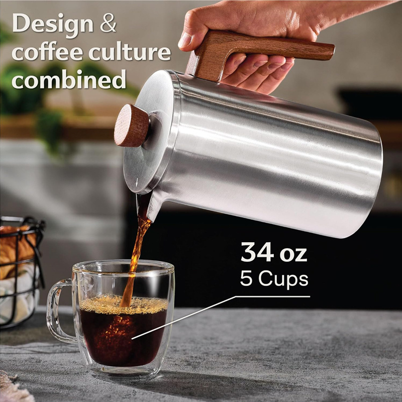 Factory Custom Double Walled Insulated Stainless Steel Oak Wood Handle French Press Coffee Maker