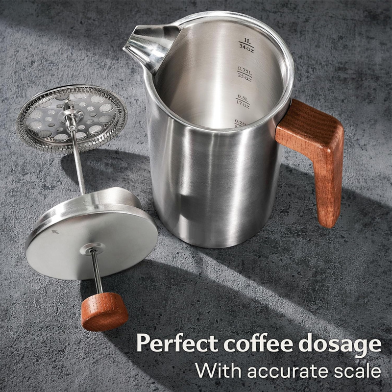 Factory Custom Double Walled Insulated Stainless Steel Oak Wood Handle French Press Coffee Maker