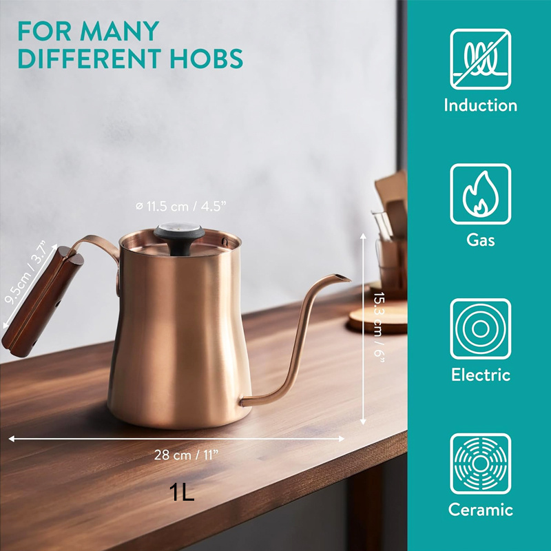 Wholesale Copper Stainless Steel Long Spout Out Gooseneck Pour Over Drip Coffee Kettle With Thermometer