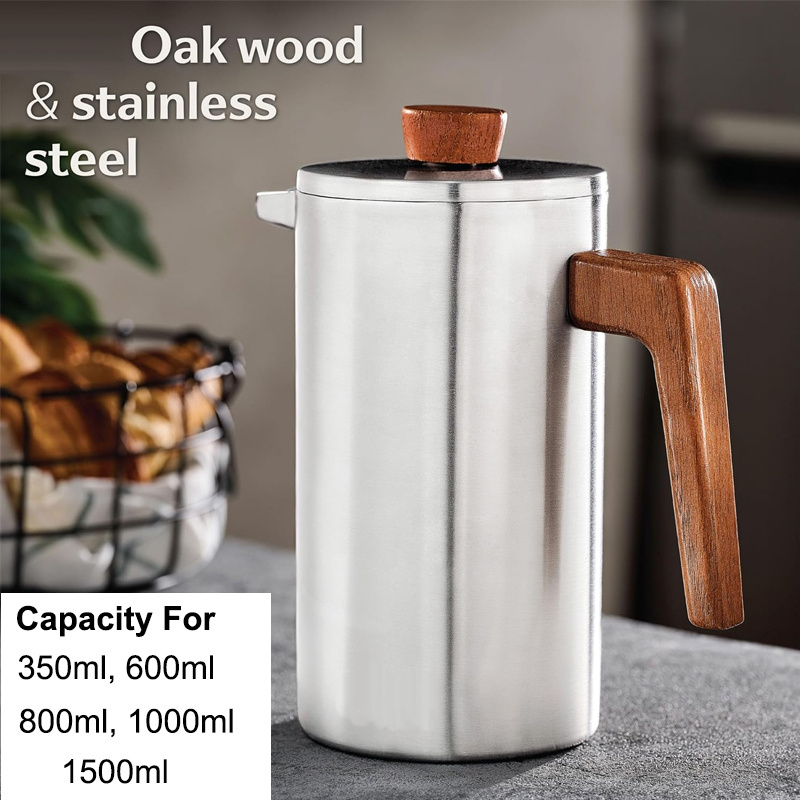 Factory Custom Double Walled Insulated Stainless Steel Oak Wood Handle French Press Coffee Maker