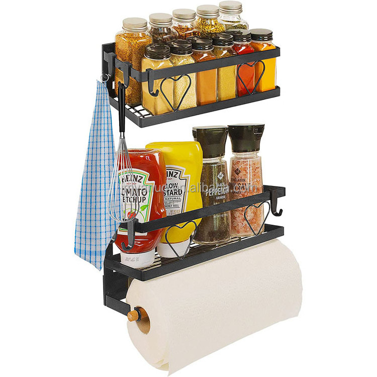 Magnetic Spice Rack Magnetic Shelf with Paper Towel Holder 2 Tier Kitchen Refrigerator Storage Rack Fridge