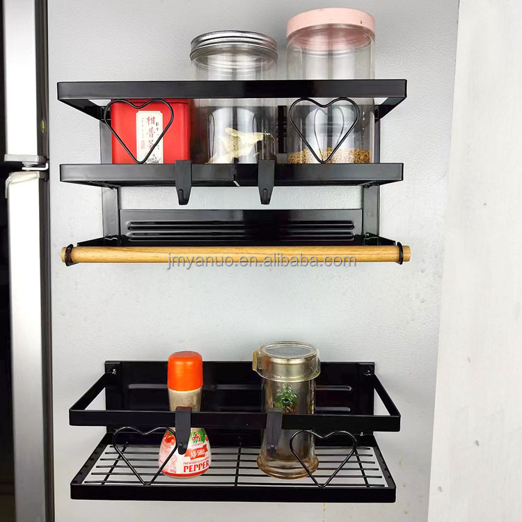 Magnetic Spice Rack Magnetic Shelf with Paper Towel Holder 2 Tier Kitchen Refrigerator Storage Rack Fridge