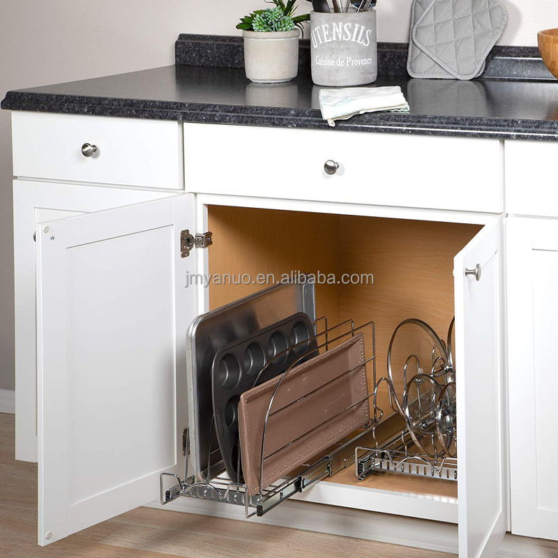 Pull Out Organizer for Cookie Sheet Cutting Board Bakeware and Tray Sliding Rack for Under Sink Under Cabinet