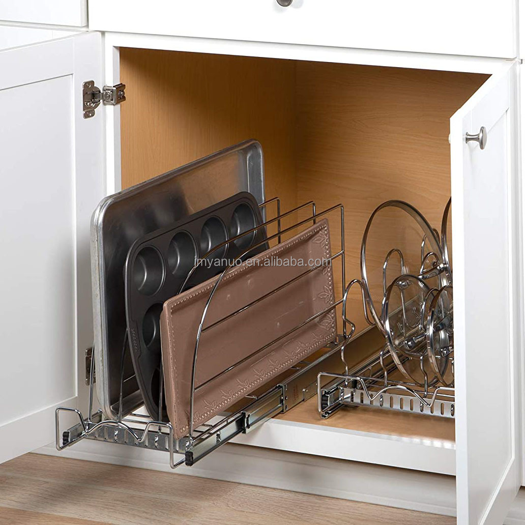 Pull Out Organizer for Cookie Sheet Cutting Board Bakeware and Tray Sliding Rack for Under Sink Under Cabinet