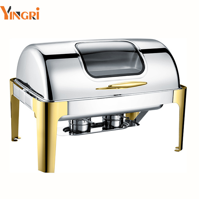 723GH Catering roll top chaffing plated food warmer with window buffet furnace golden brass 9l shaffing dish gold chafing dish