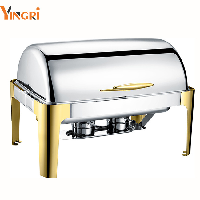 723GH Catering roll top chaffing plated food warmer with window buffet furnace golden brass 9l shaffing dish gold chafing dish