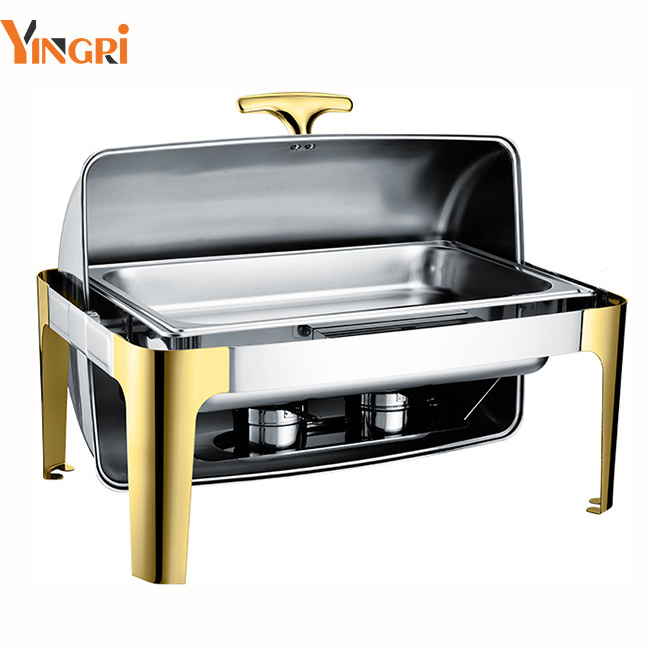 723GH Catering roll top chaffing plated food warmer with window buffet furnace golden brass 9l shaffing dish gold chafing dish