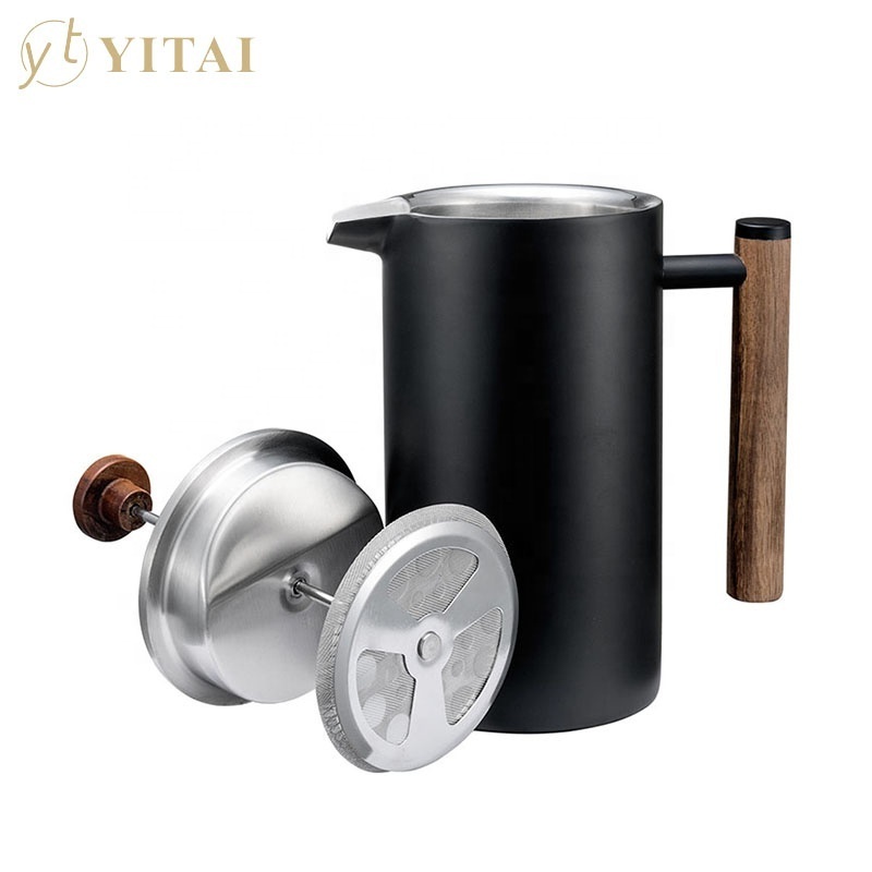 Wood Handle Stainless Steel Double Walled Insulated Coffee Presser And Tea Pot 1 Litre/8 Cup French Press Coffee Maker