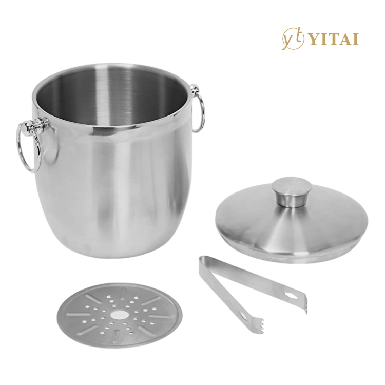 3L Double Wall Insulated Stainless Steel Ice Bucket With Lid,Scoop,Tongs And Strainer