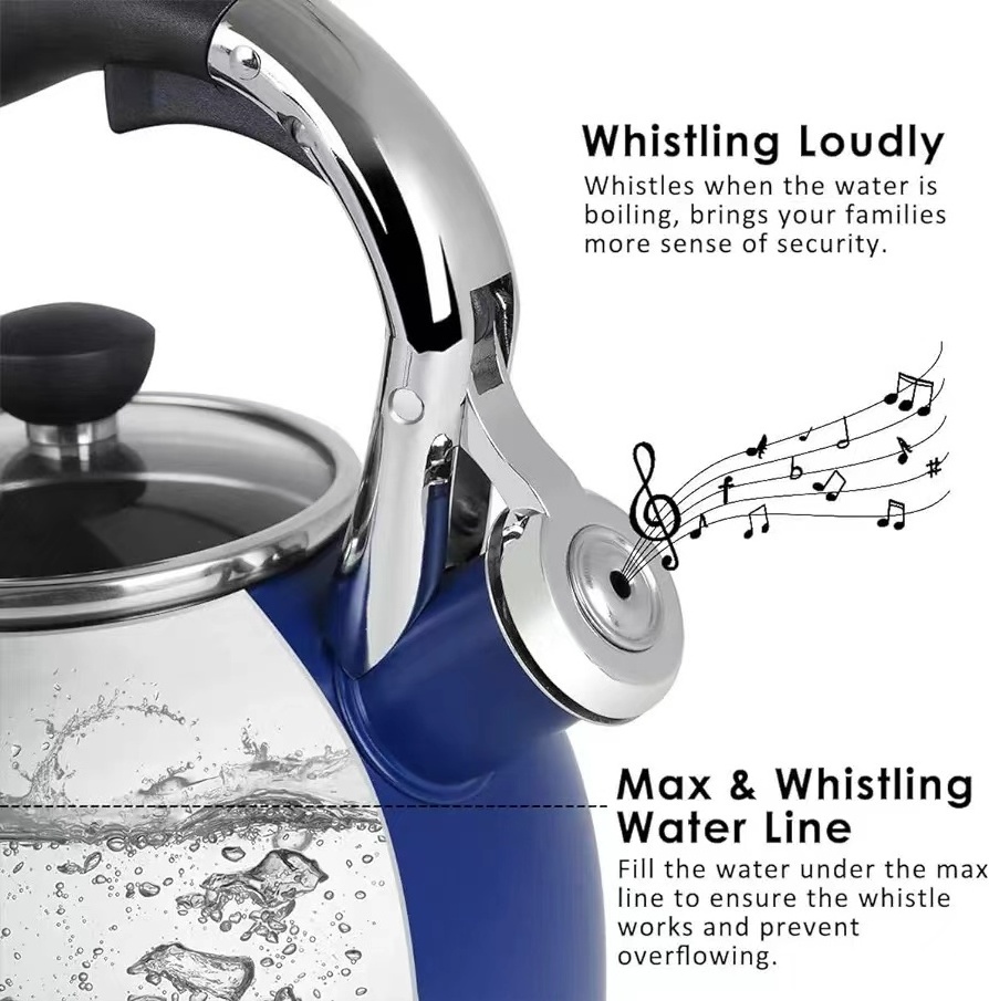 3.0L Whistling Tea and Water Kettle New Design Boiling Water Kettle Gas Induction Stovetop SS 304/201 Material Colored Body