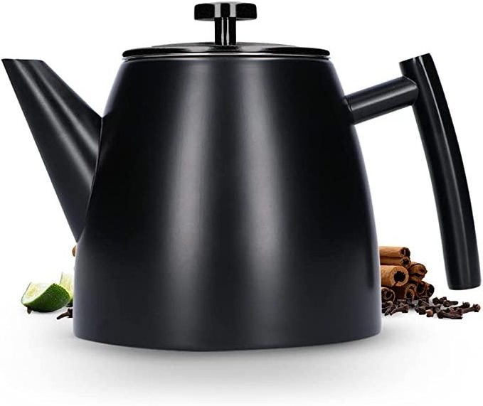 Hot Seller European Style Black Painting Stainless Steel Double Wall Loose Green Tea Pot with Infuser