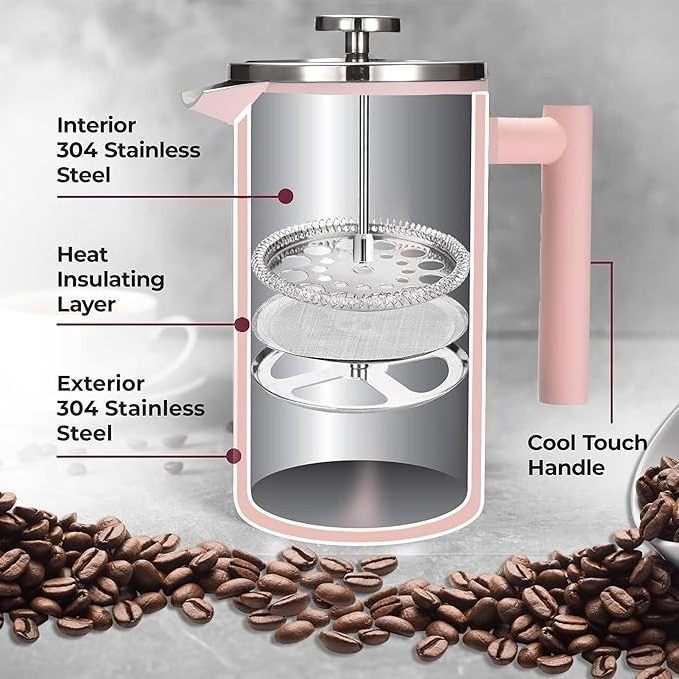 Hot Sale Double Wall Pink Color Coffee French Press Stainless Steel Coffee Tea Maker