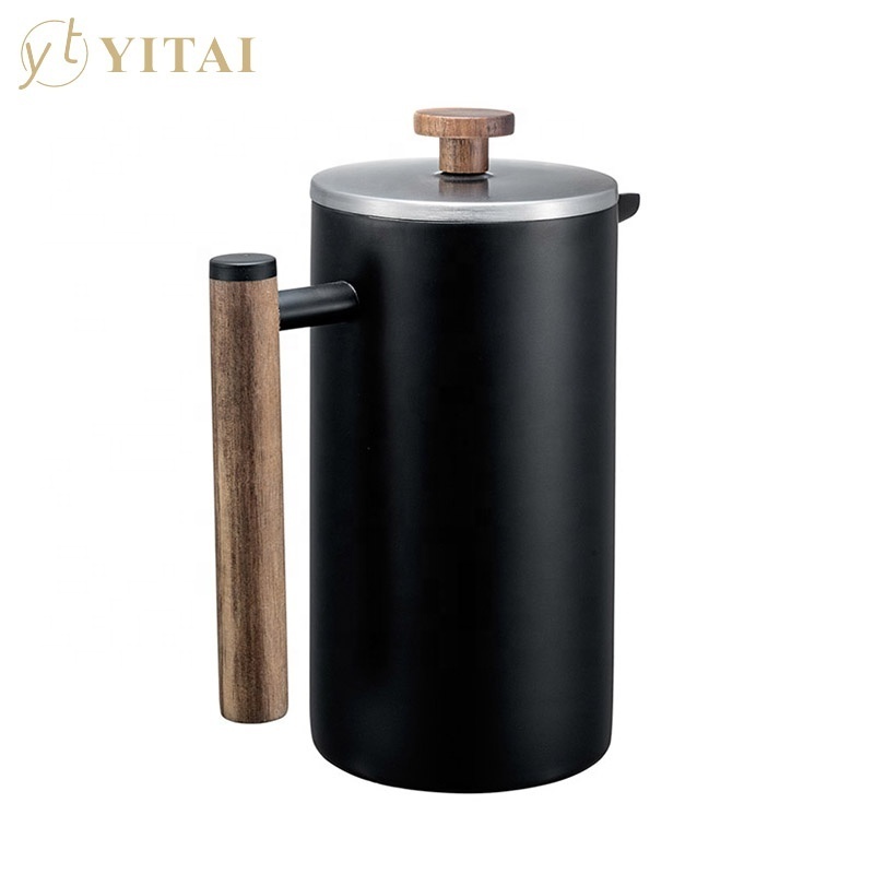 Wood Handle Stainless Steel Double Walled Insulated Coffee Presser And Tea Pot 1 Litre/8 Cup French Press Coffee Maker