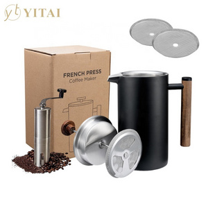 Wood Handle Stainless Steel Double Walled Insulated Coffee Presser And Tea Pot 1 Litre/8 Cup French Press Coffee Maker