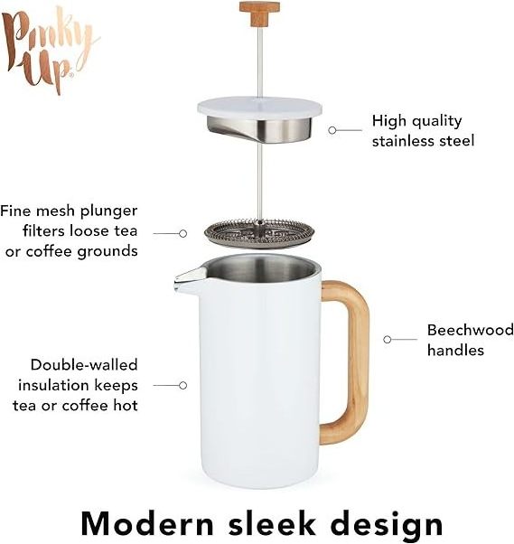 Matt White Stainless Steel 304 French Press Coffee Maker With Wood Handle 18/10 Coffee French Press