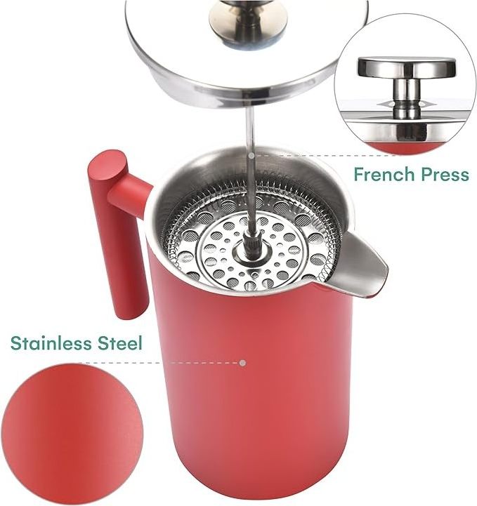 Wholesale French Press Prensa Francesa Make Tea Red  French Press Coffee Pot Stainless Steel Kettle With Lid