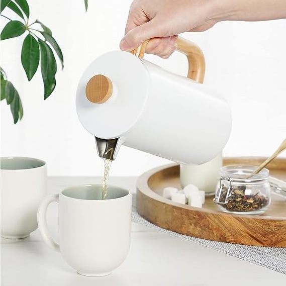 Matt White Stainless Steel 304 French Press Coffee Maker With Wood Handle 18/10 Coffee French Press