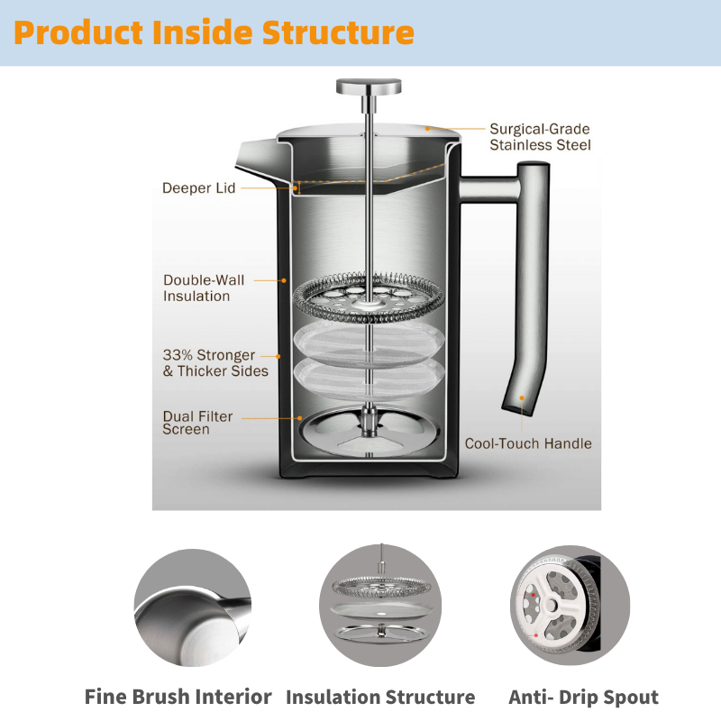 Direct Factory Camping Travel French Press Double Wall Stainless Steel Coffee Maker French Press