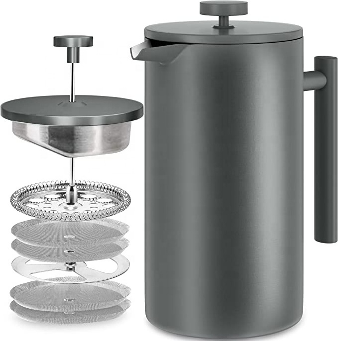 Stainless Steel French Press Coffee Maker with 3 Level Filtration System Double Walled Insulated with 1 Extra Filter 1L