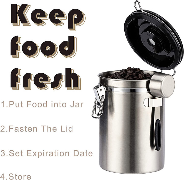 Stainless Steel Coffee Canister with Exhaust Valve 1.5L Coffee Bean Airtight Jar Multipurpose Food Storage Container with Date