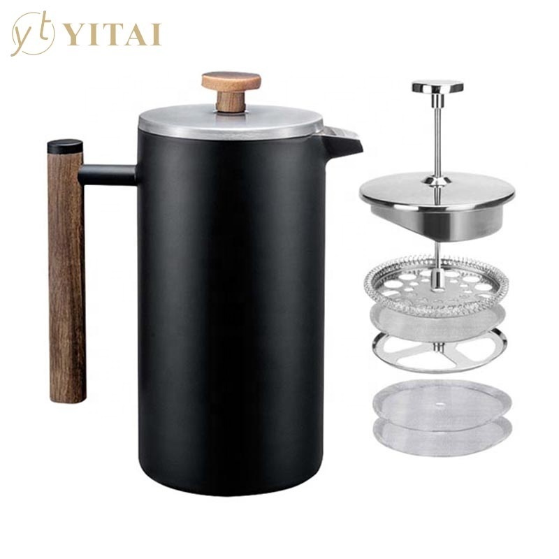 Wood Handle Stainless Steel Double Walled Insulated Coffee Presser And Tea Pot 1 Litre/8 Cup French Press Coffee Maker