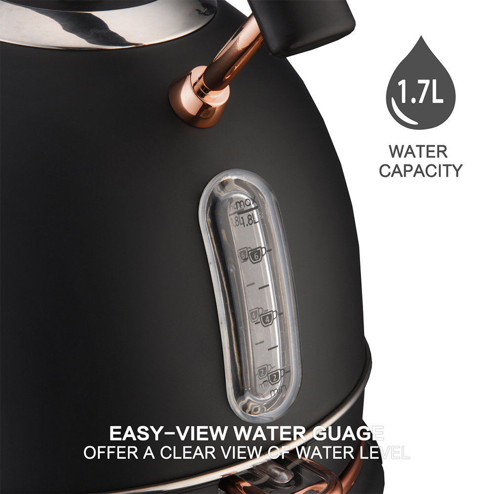 New design cordless water black retro stainless steel electric kettle for tea & coffee with thermometer