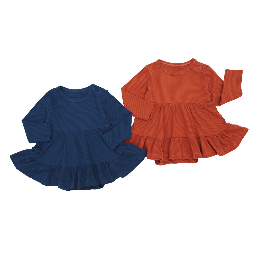 Wholesale New Hot Selling Bamboo Viscoes Solid Colors kids clothing Button Ribbed Baby Dress