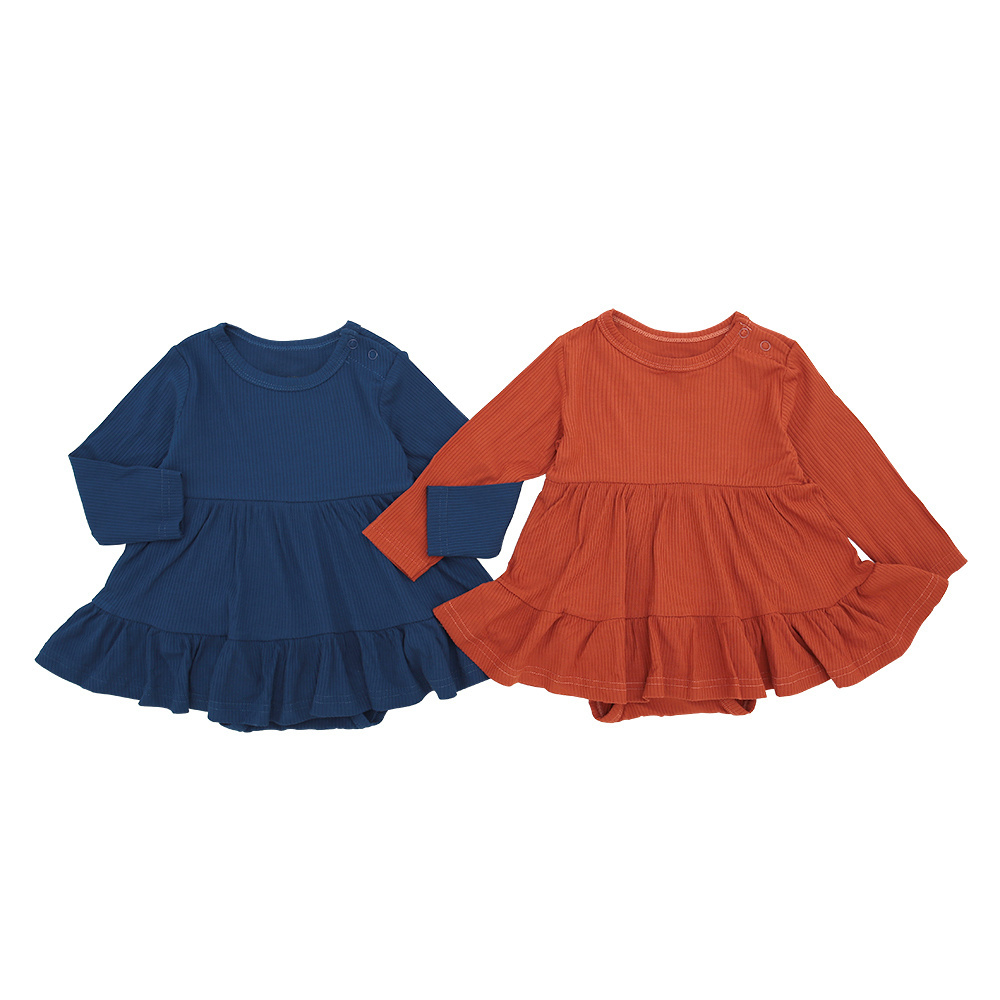 Wholesale New Hot Selling Bamboo Viscoes Solid Colors kids clothing Button Ribbed Baby Dress