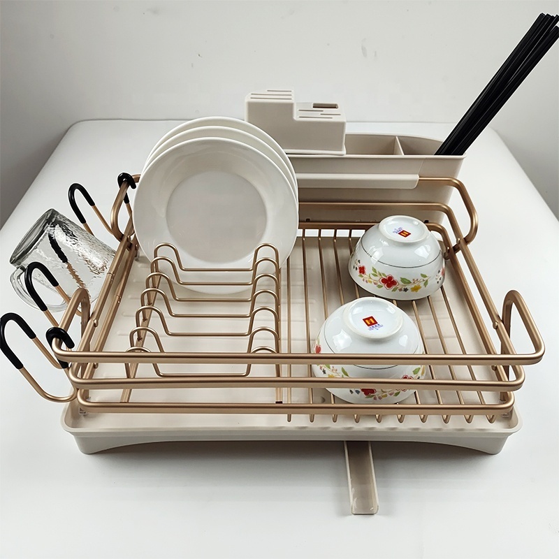 Aluminum Gold Sink Dish Rack Dish Drainer Rack Kitchen Sink Dish Drying Rack With Drainboard Set