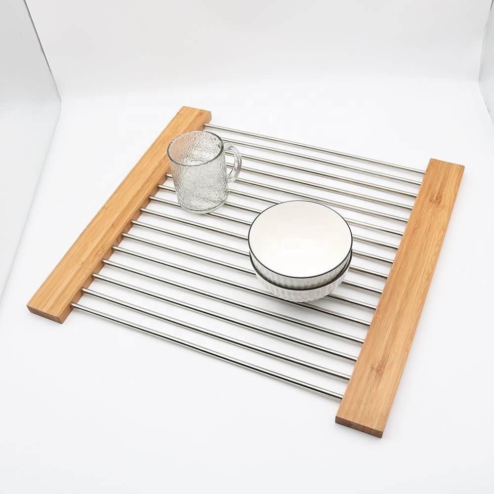 Portable Over The Sink Dish Drying Rack Stainless Steel Kitchen Sink Bamboo Roll Up Dish Drying Rack