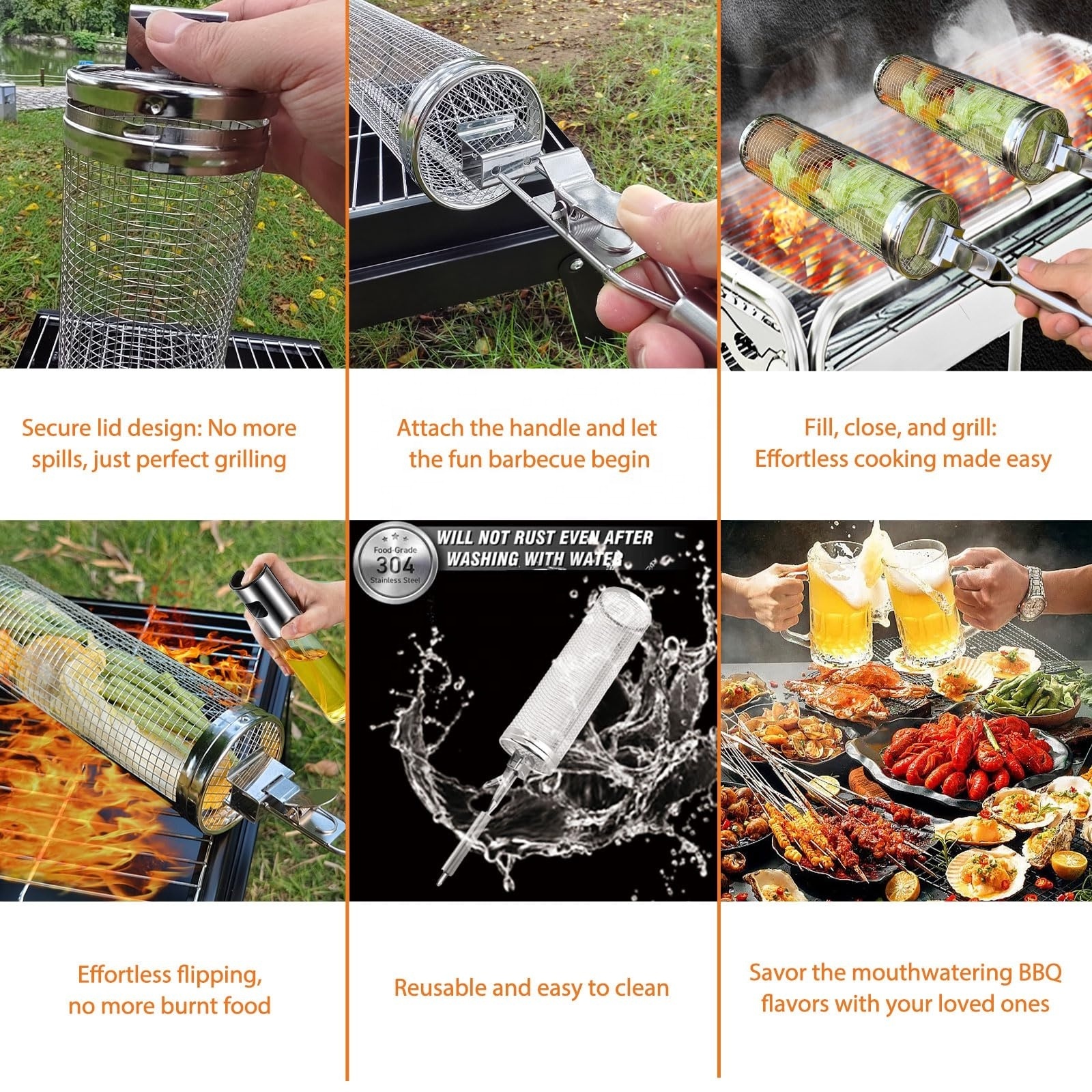 Hot-sale products Bbq accessories 304 Stainless Steel Cylinder grill Basket Rolling Grilling Baskets