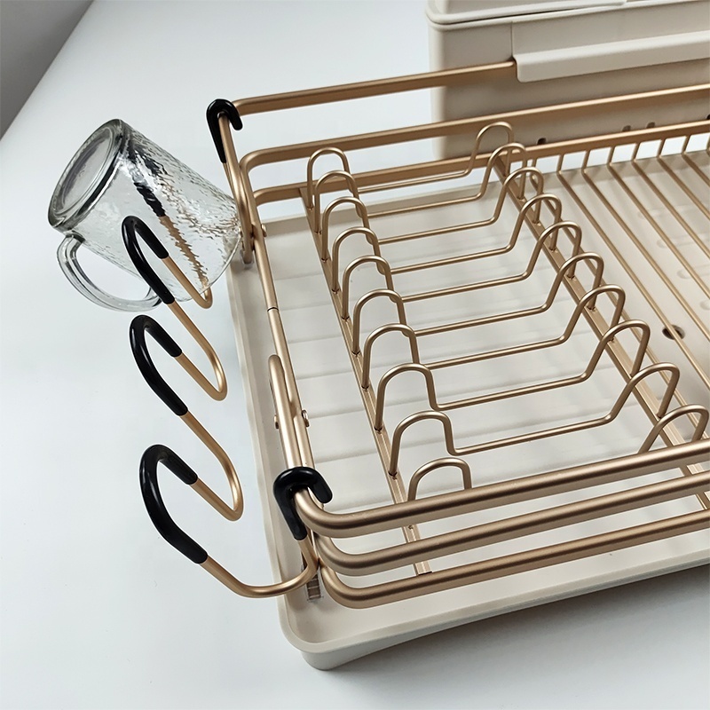 Aluminum Gold Sink Dish Rack Dish Drainer Rack Kitchen Sink Dish Drying Rack With Drainboard Set