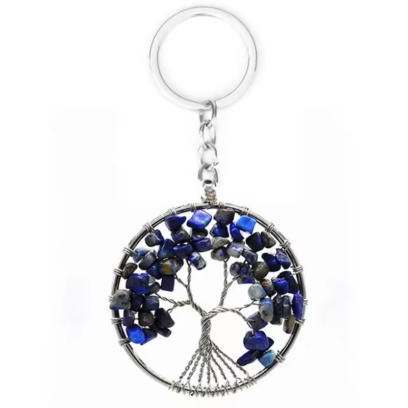 Wholesale Natural Crystal Stone 7 Chakra Round Tree of Life Keychains Key Ring Key Holder for women's gifts