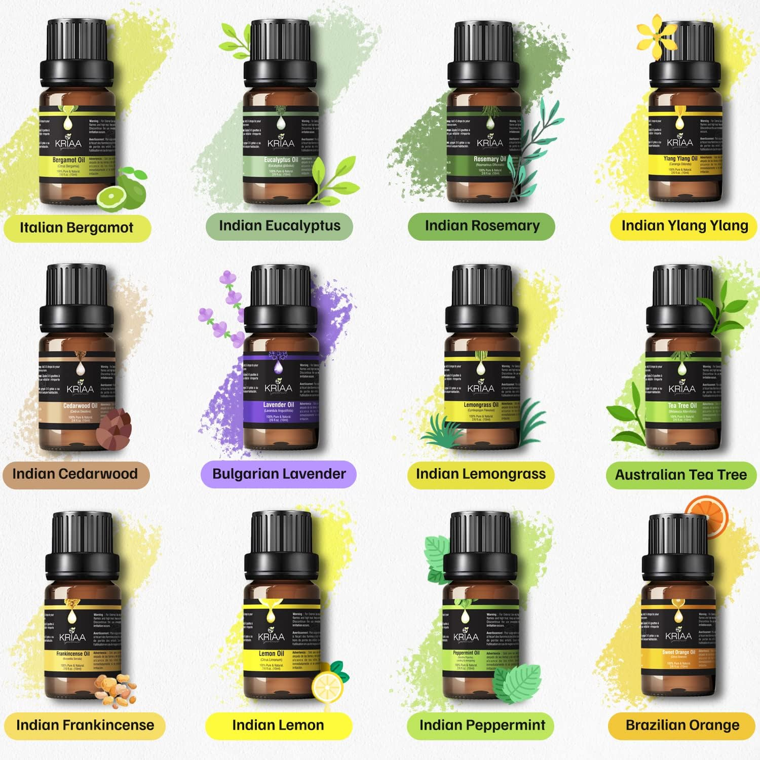 Kriaa Essential Oils Set 12x10ml,100% Pure Aromatherapy Essential Oil Kit Eucalyptus Lavender Lemon,Lemongrass,Peppermint