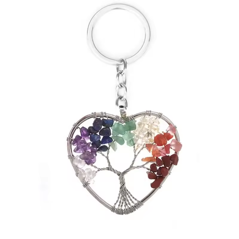 Wholesale Natural Crystal Stone 7 Chakra Round Tree of Life Keychains Key Ring Key Holder for women's gifts