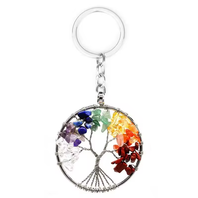 Wholesale Natural Crystal Stone 7 Chakra Round Tree of Life Keychains Key Ring Key Holder for women's gifts