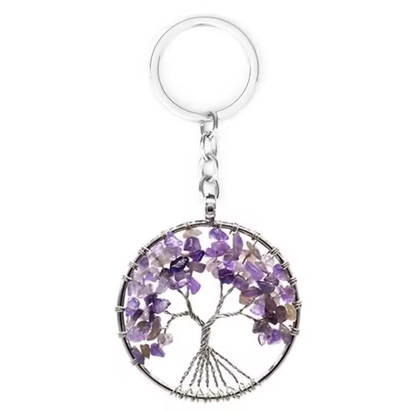 Wholesale Natural Crystal Stone 7 Chakra Round Tree of Life Keychains Key Ring Key Holder for women's gifts