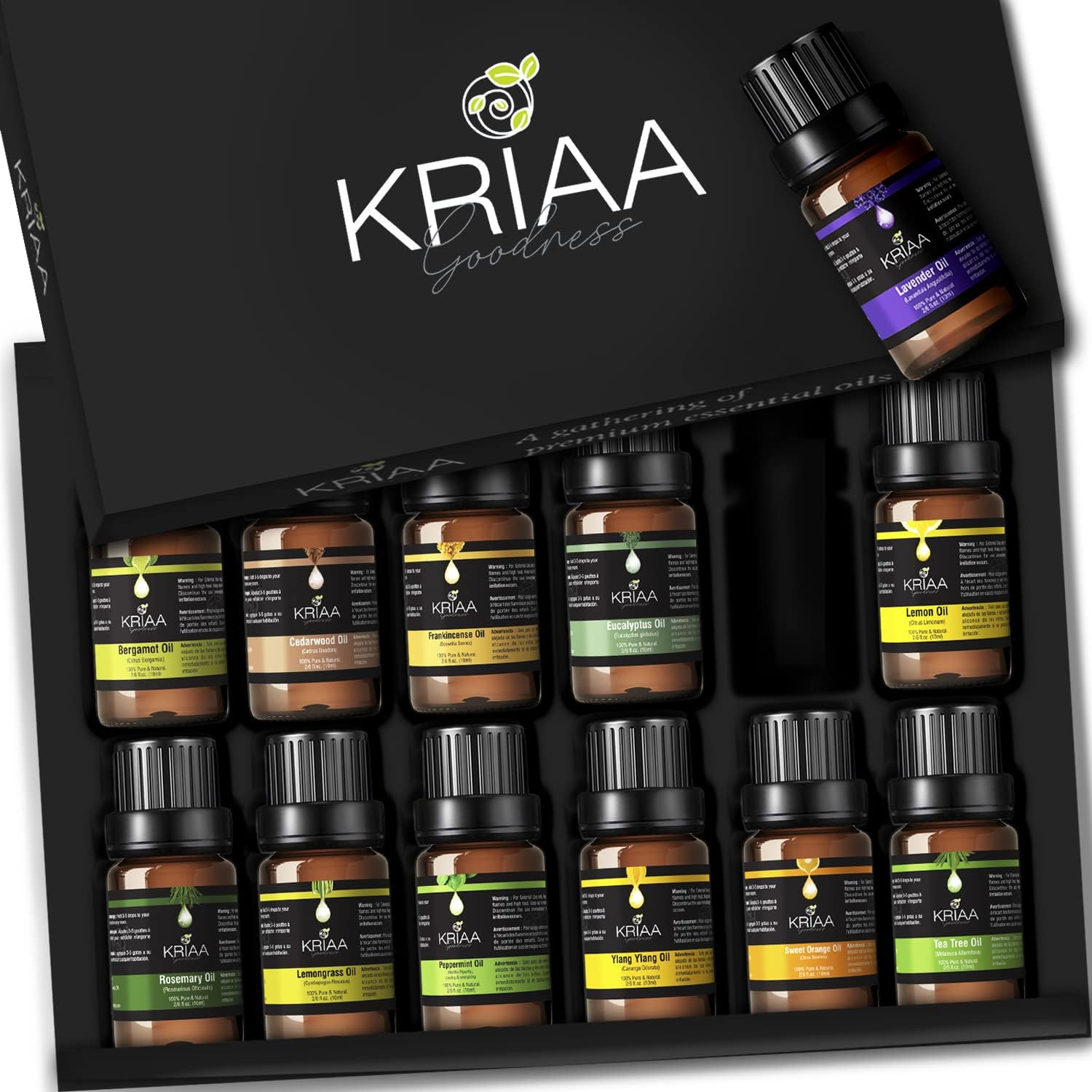 Kriaa Essential Oils Set 12x10ml,100% Pure Aromatherapy Essential Oil Kit Eucalyptus Lavender Lemon,Lemongrass,Peppermint