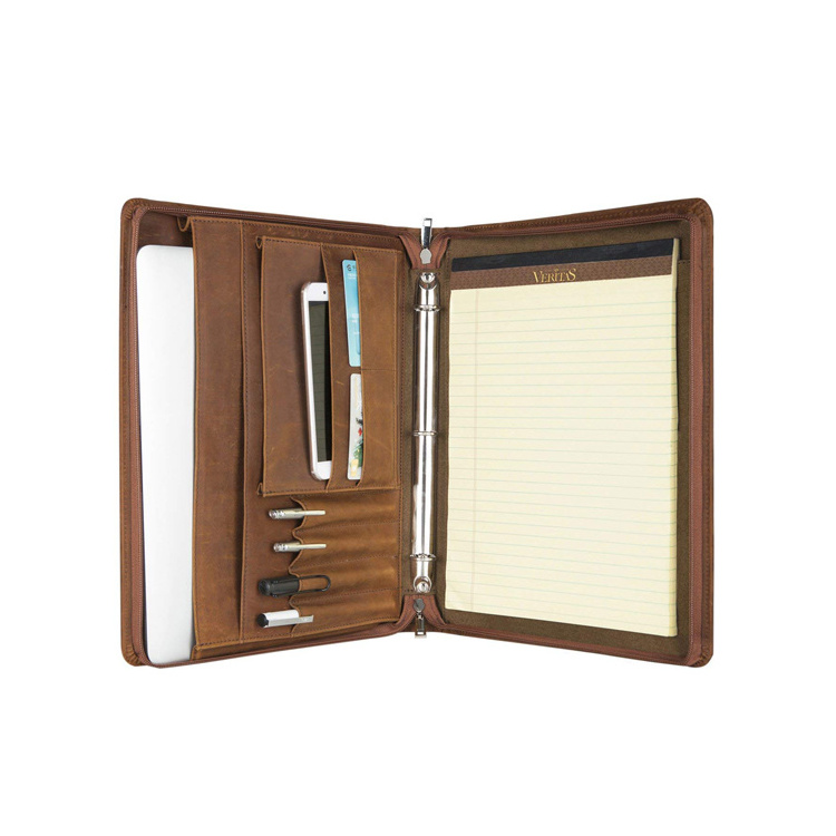 Good quality a4 leather embossed ring binder 3 ring conference folder portfolio brown with pen holder