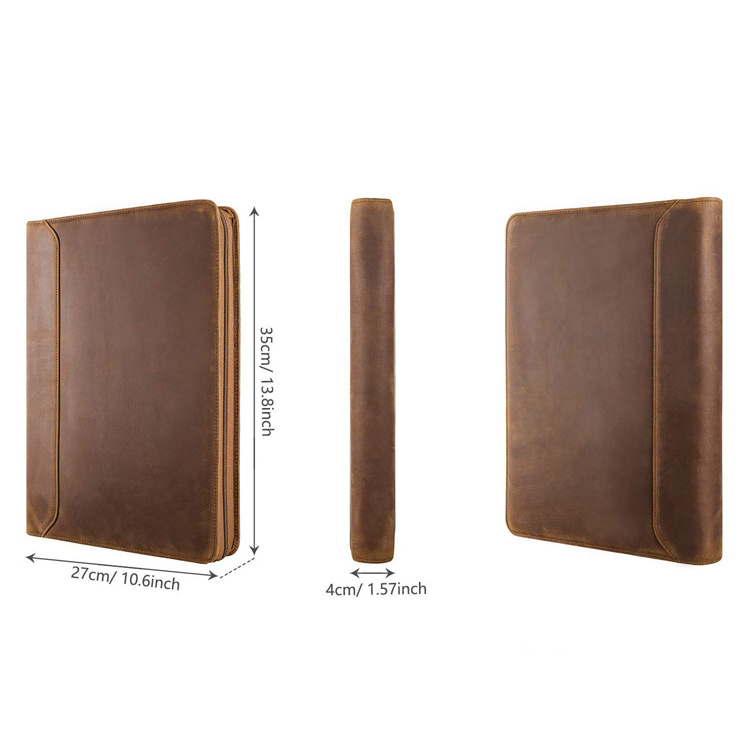 Good quality a4 leather embossed ring binder 3 ring conference folder portfolio brown with pen holder