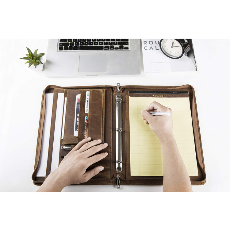 Good quality a4 leather embossed ring binder 3 ring conference folder portfolio brown with pen holder