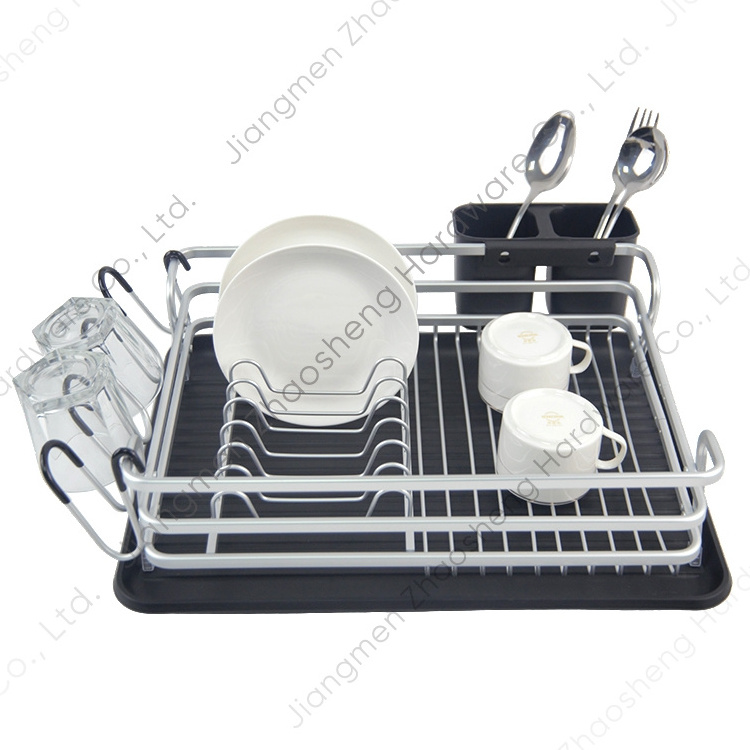 Metal Countertop Plate Rack Storage Shelf Aluminum Kitchen Sink Dish Rack Drainer with Drain Board Cutlery Cup Holder