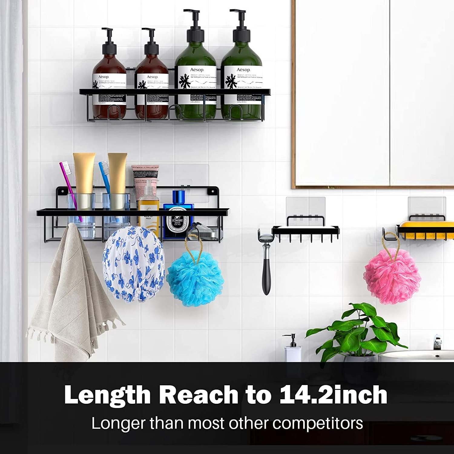 Wall Mounted Black No Drilling Self Adhesive Hanging Storage Shelves Organizer Shelf Bathroom Rack Shower Caddy