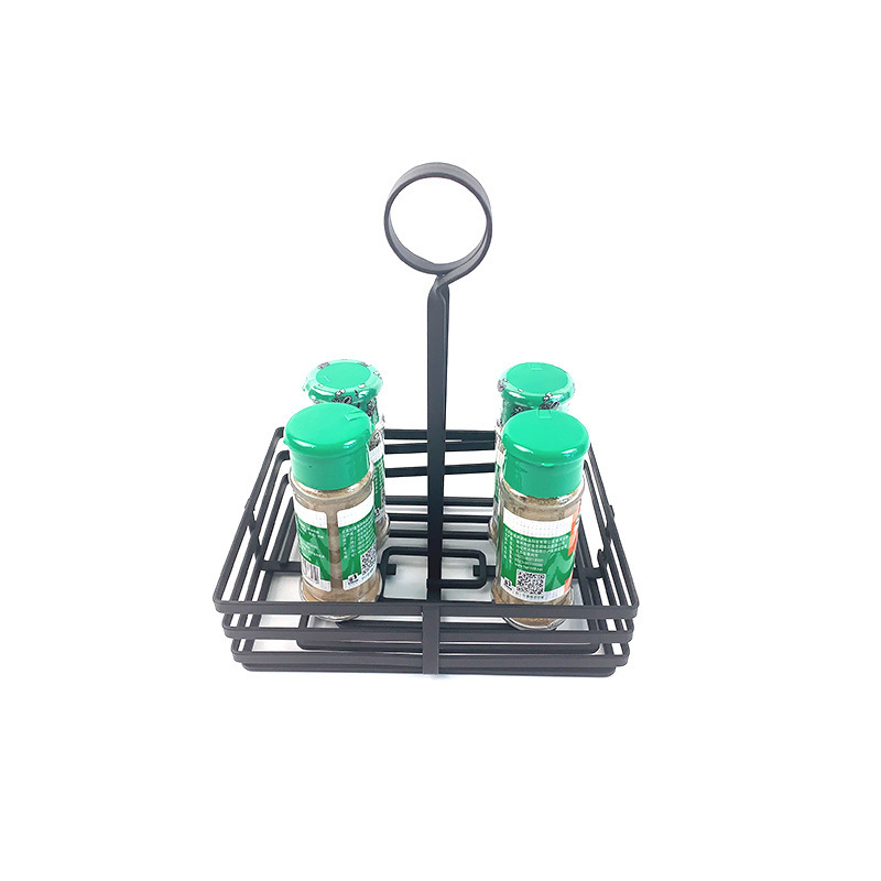 Restaurant Table Metal Caddy Condiment Holders Black Spice Storage Rack Wrought Iron Condiment Caddy with Slotted Handle