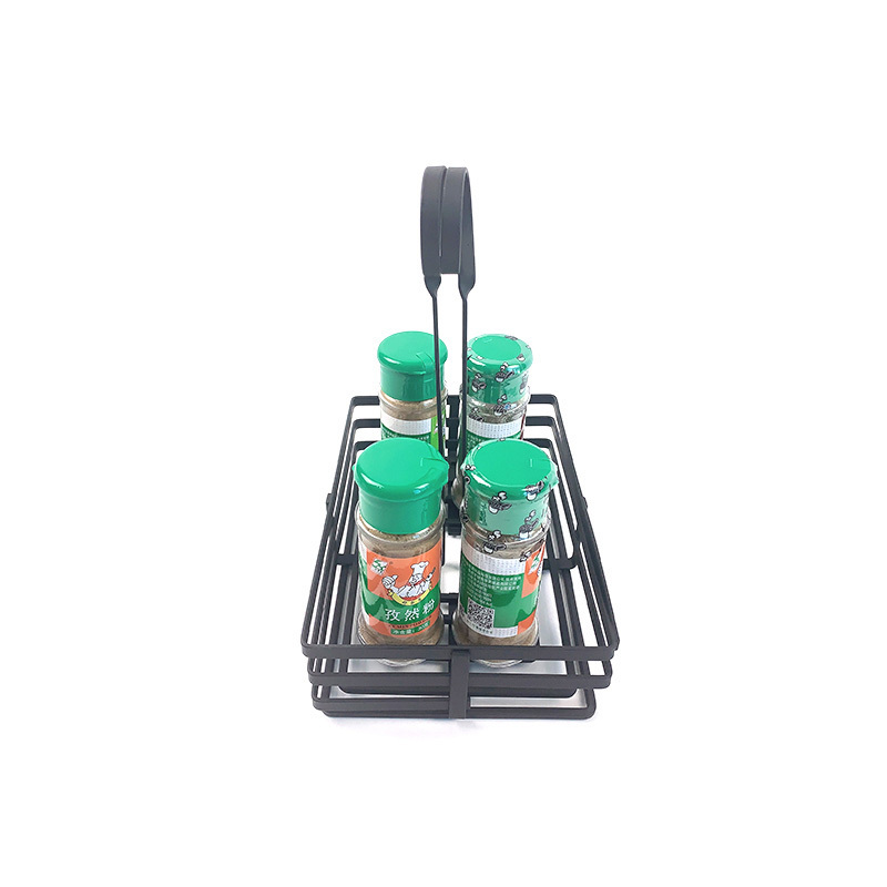 Restaurant Table Metal Caddy Condiment Holders Black Spice Storage Rack Wrought Iron Condiment Caddy with Slotted Handle