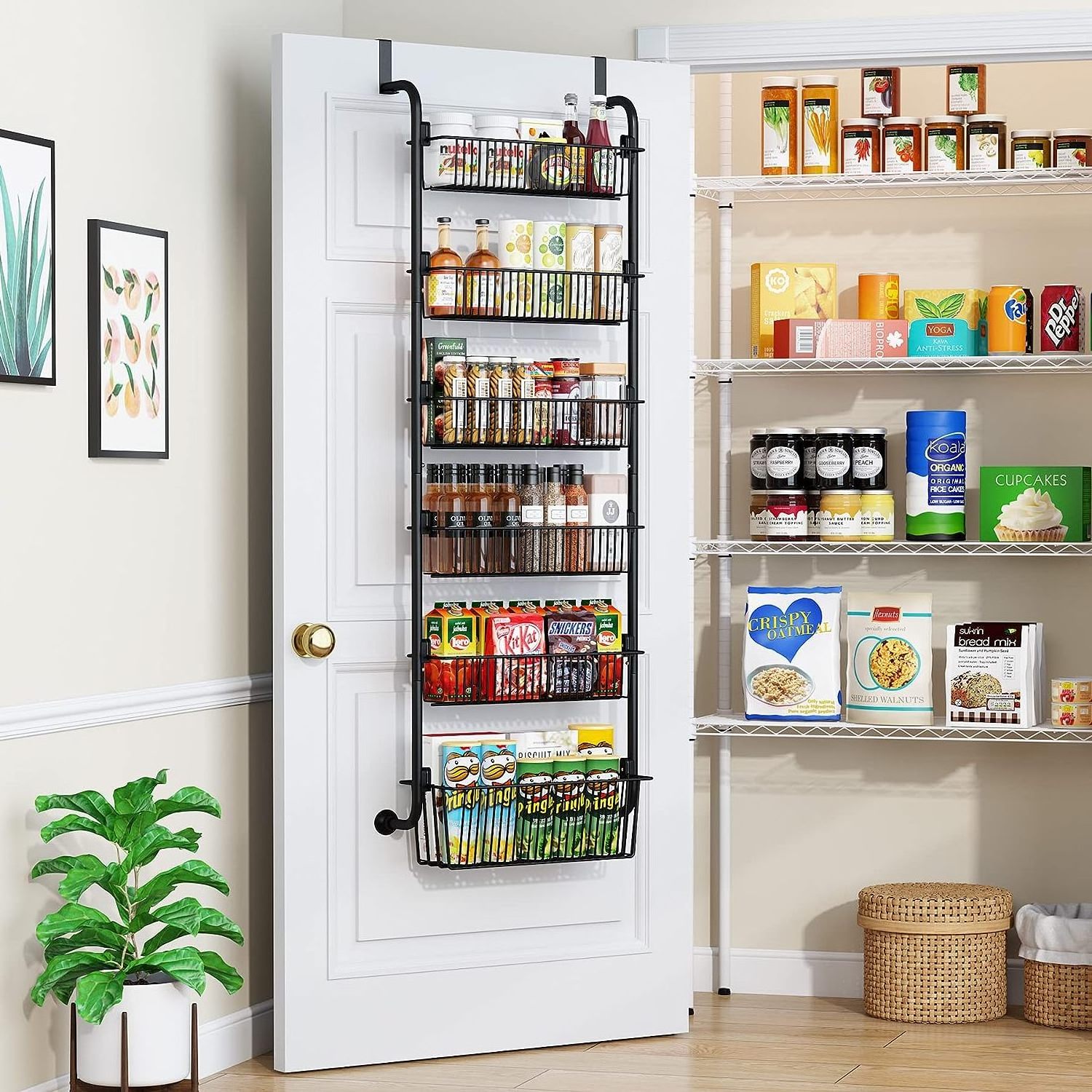 Metal Hanging Basket Wall Shelf Kitchen Cabinet Wall Mounted Spice Rack 6-tier Over The Door Pantry Organizer