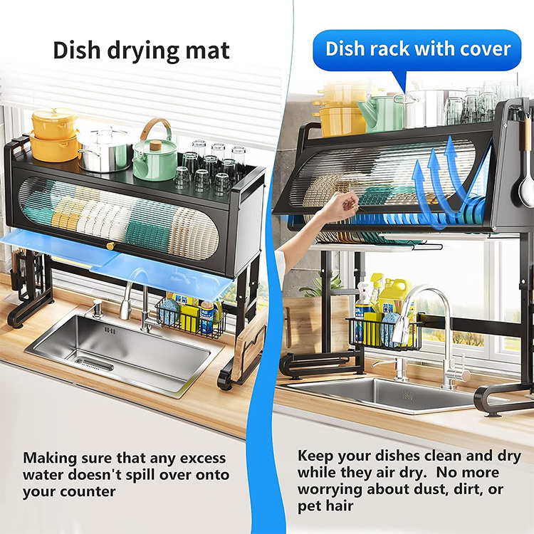 Shelf Organizer Adjustable Steel Over Sink Extendable Cabinet Storage Drying Rack Plate Dish Rack With Cover For Kitchen