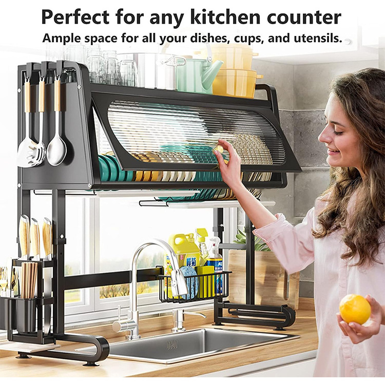 Shelf Organizer Adjustable Steel Over Sink Extendable Cabinet Storage Drying Rack Plate Dish Rack With Cover For Kitchen