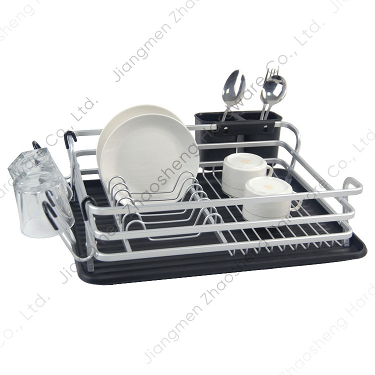 Metal Countertop Plate Rack Storage Shelf Aluminum Kitchen Sink Dish Rack Drainer with Drain Board Cutlery Cup Holder